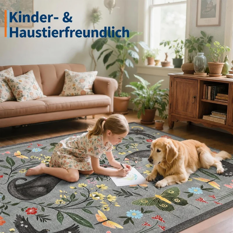 Garvee Tapis Chat Mystique Rétro Rembourré Antidérapant Synthétique Lavable Gris 120x170cm Salon Chambre Bureau