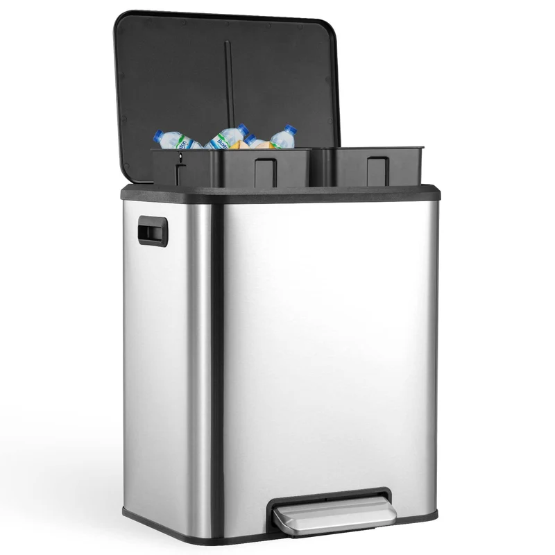 Garvee Poubelle Double Compartiment 8 Gallons Acier Inoxydable, Tri Sélectif, Silencieuse, Compacte, Cuisine, Argenté