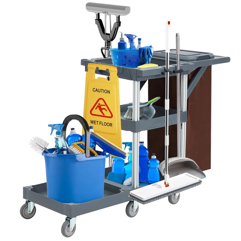 Garvee Putzwagen Reinigungswagen Avec 6 Roulettes, Capacité 136 Kg, Matériau PP Robuste, Housse Et Sac Renforcé, Idéal Pour Hôtels Et Ménages, 95x49x22cm, Gris