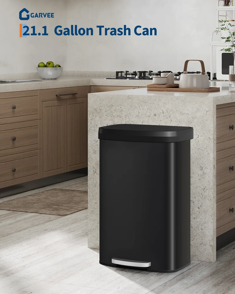 Garvee Poubelle de Cuisine 21 Gal / 80 L en Acier Inoxydable, Couvercle à Fermeture Douce, Design Élégant Noir, Résistante à la Rouille, Poignée Arrière, Grande Capacité