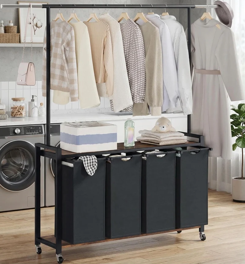 Garvee Panier à linge 2 sections avec étagère et barre suspendue, métal résistant, rangement optimisé pour buanderie et chambre, taille standard