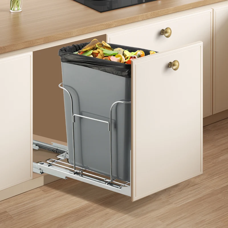 Garvee Poubelle Coulissante Sous-Meuble 30QT Acier Inoxydable Double Bac Gris Cuisine, Capacité 100lb, Fermeture Douce