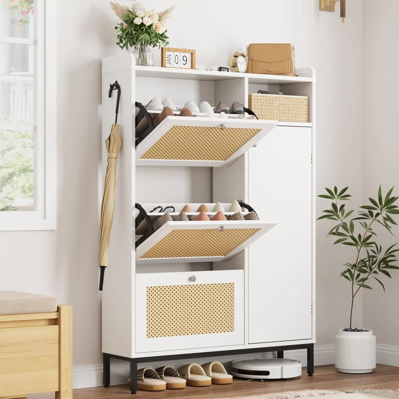 Garvee meuble à chaussures avec 3 tiroirs abattants et 4 niveaux, rangement ajustable en MDF et rotin, pieds métalliques stables, adapté à entrée et couloir