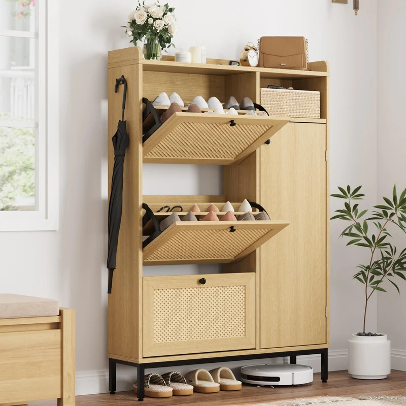Garvee armoire à chaussures avec 3 tiroirs rabattables, 4 niveaux, étagères réglables, portes en rotin, pieds métalliques pour entrée et couloir, grande capacité, design élégant