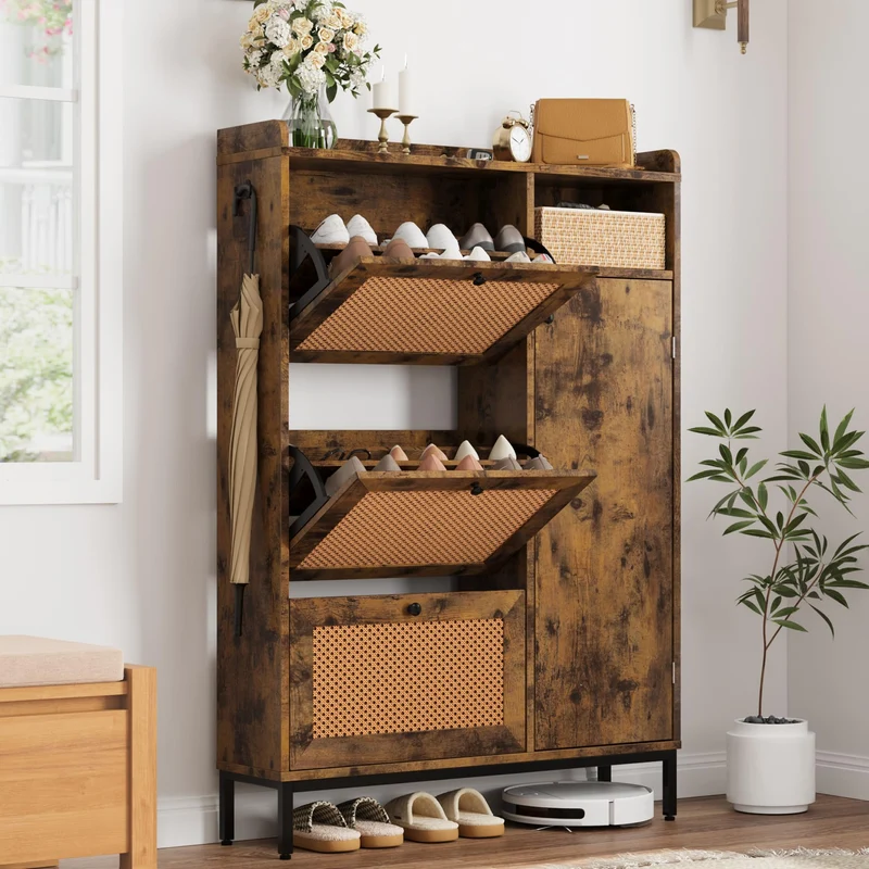 Garvee armoire à chaussures avec 3 tiroirs rabattables, 4 étagères réglables, portes en rotin, pieds métalliques pour entrée et couloir, rangement spacieux, brun rustique