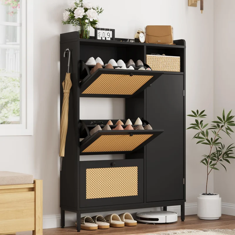 Garvee meuble à chaussures avec 3 tiroirs abattants, rangement 4 niveaux, portes en rotin, pieds métalliques pour entrée et couloir, taille ajustable, noir