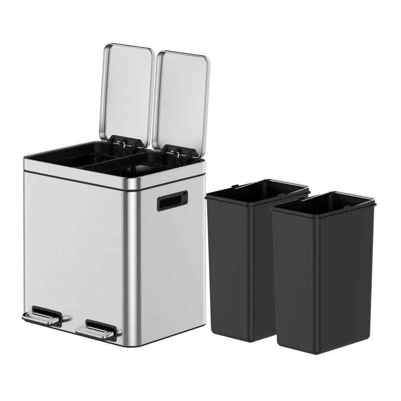 Garvee Poubelle Double Compartiment 8 Gallons Acier Inoxydable - Tri Sélectif, Couvercle Soft-Close, Anti-empreintes, Cuisine & Bureau, 30L, Argent