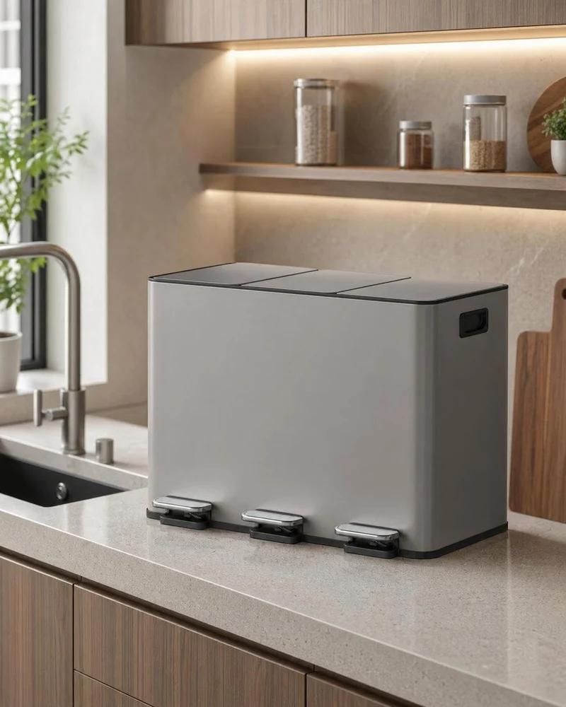 Garvee Poubelle de Cuisine 3 Compartiments 45L Acier Inoxydable Soft-Close Pédale Moderne Antidérapante