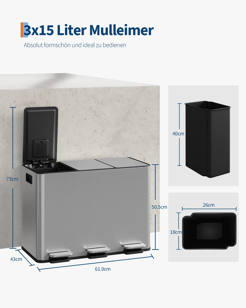 Garvee Poubelle De Tri 3-En-1 En Acier Inoxydable 12 Gal Couvercle À Fermeture Douce Pied Sans Contact Cuisine Argent