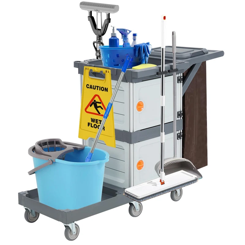 Garvee Carro De Limpieza Profesional Avec 6 Roues Silencieuses, Capacité 300 lb, Polypropylène, Sac Oxford, Hôtels Et Hôpitaux