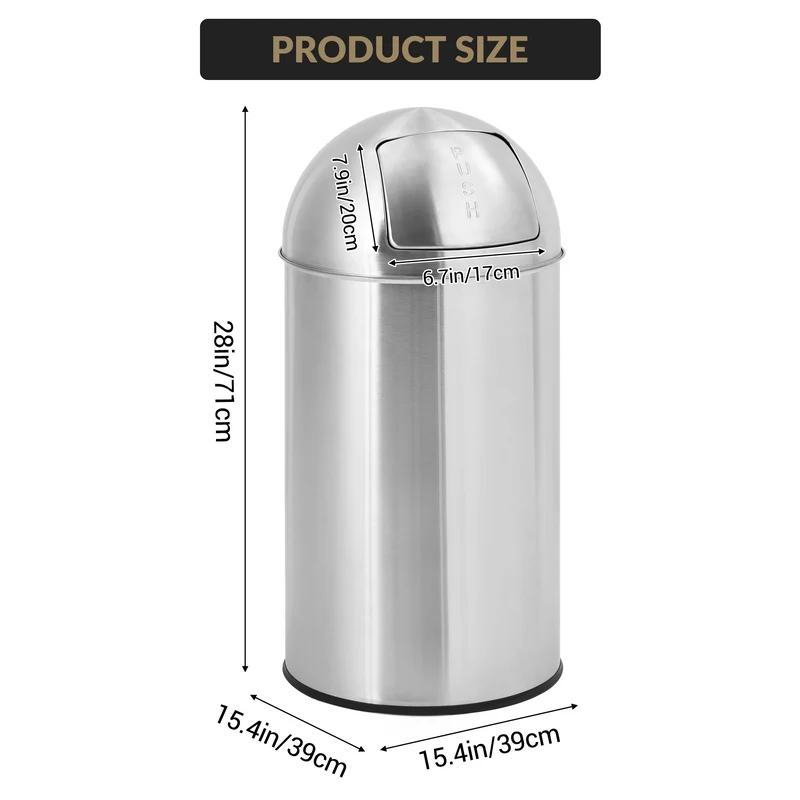 Garvee Poubelle Commerciale Ronde 50L Acier Inoxydable Anti-Traces Avec Couvercle Poussoir Pour Usage Intérieur Et Extérieur