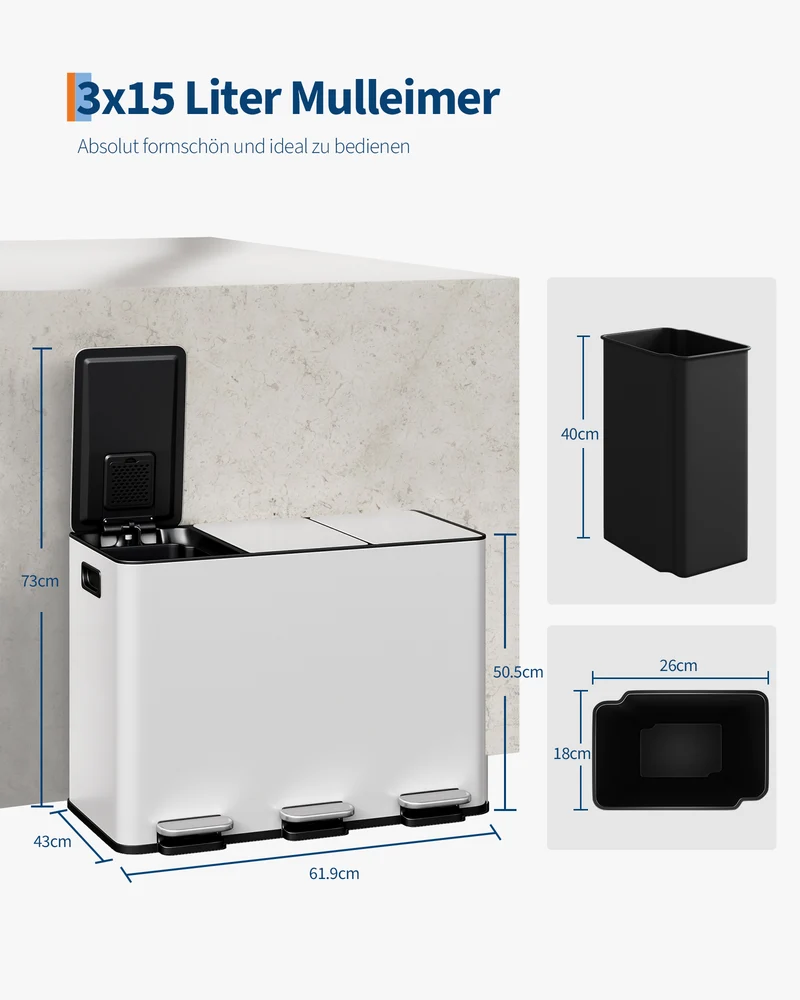 Garvee Mülleimer 3 Fächer 45L Mülltrennsystem Edelstahl Deckel Metall-Korpus Küche Schwarz