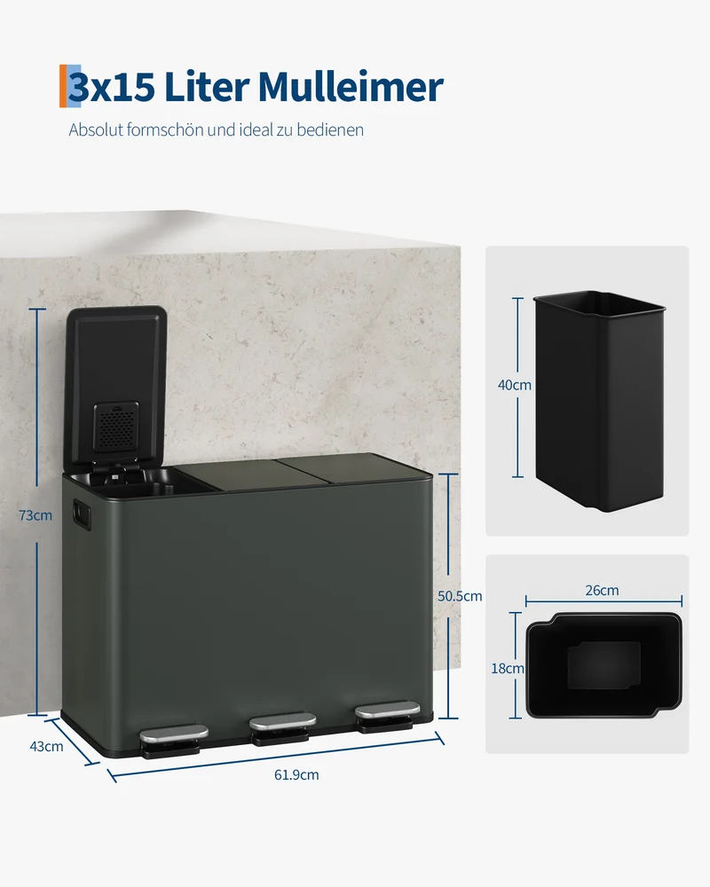 Garvee Mülleimer 3 Fächer 45L Mülltrennsystem Edelstahl Softclose Fußpedal Küche Grau-Grün