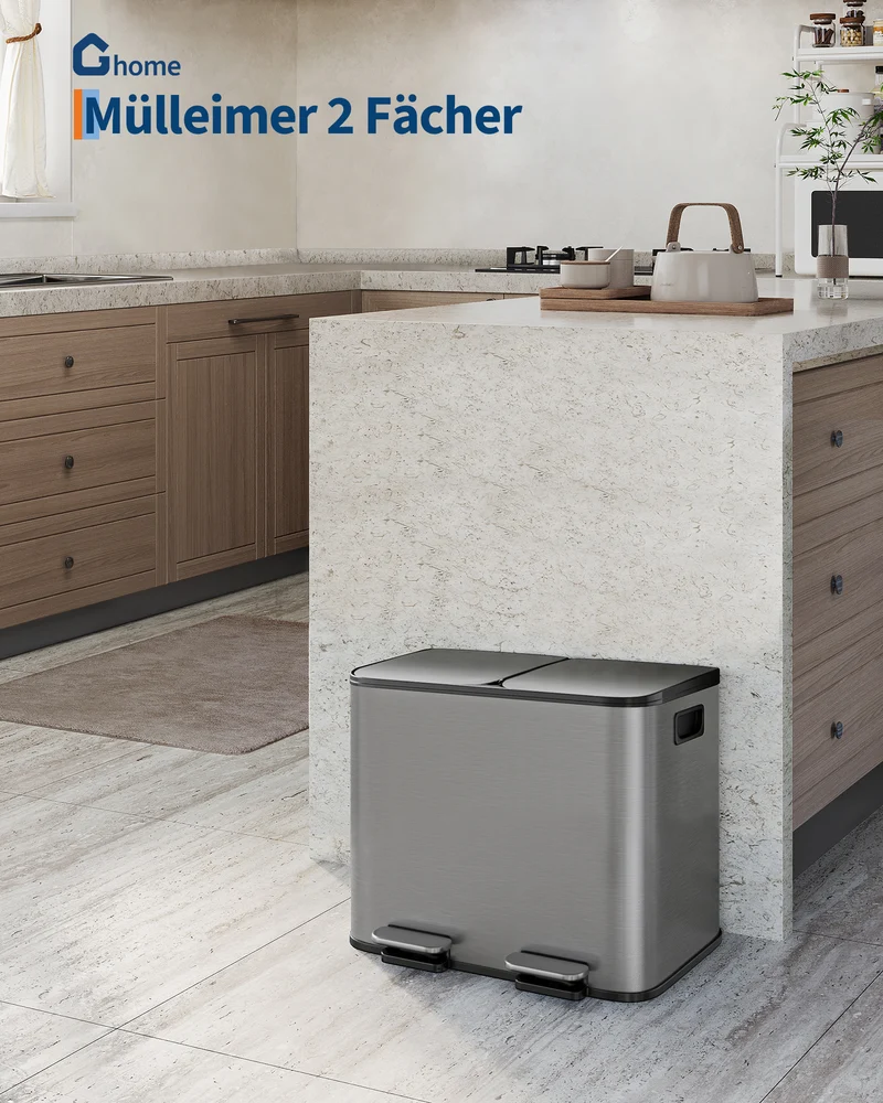 Garvee Mülleimer 2 Fächer 30 L Mülltrennsystem Edelstahl Softclose Fußpedal Küche Metall-Korpus