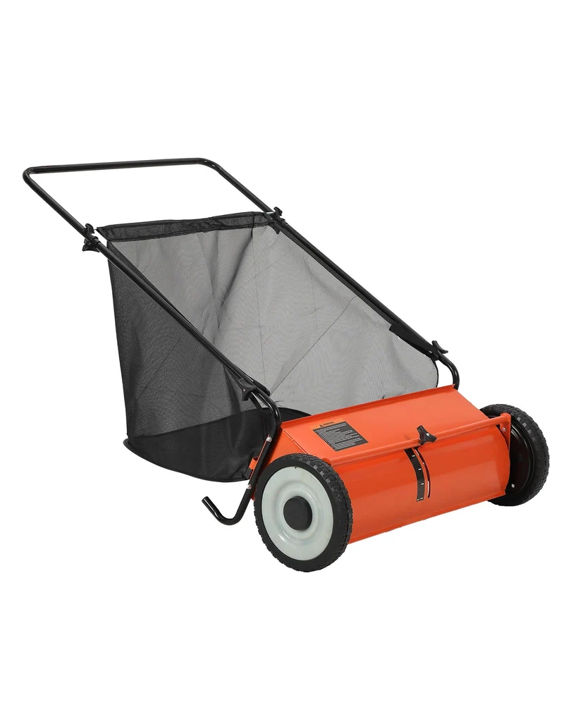 Garvee Balayeuse de pelouse manuelle 66 cm avec bac 198 L, 4 brosses rotatives, hauteur réglable, cadre métal robuste pour jardin et terrasse