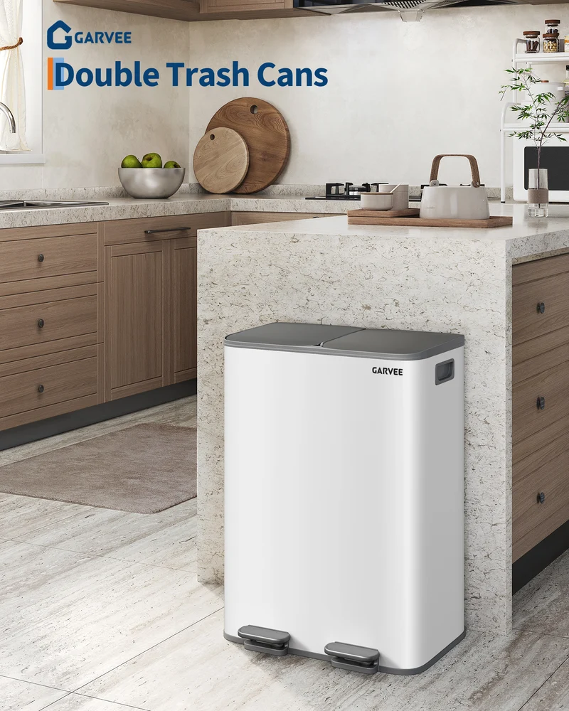 Garvee Poubelle Double 2 x 8 gal Acier Inoxydable Avec Couvercle Pour Cuisine, Tri Et Recyclage, Gris-Blanc, Compacte Et Durable