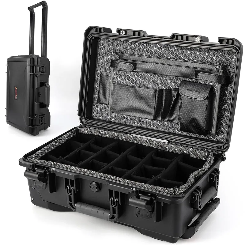 Étui de protection Garvee, en polycarbonate, étanche IPX67, avec roulettes et séparateurs rembourrés, idéal pour les voyages et la photographie, léger et sécurisé.