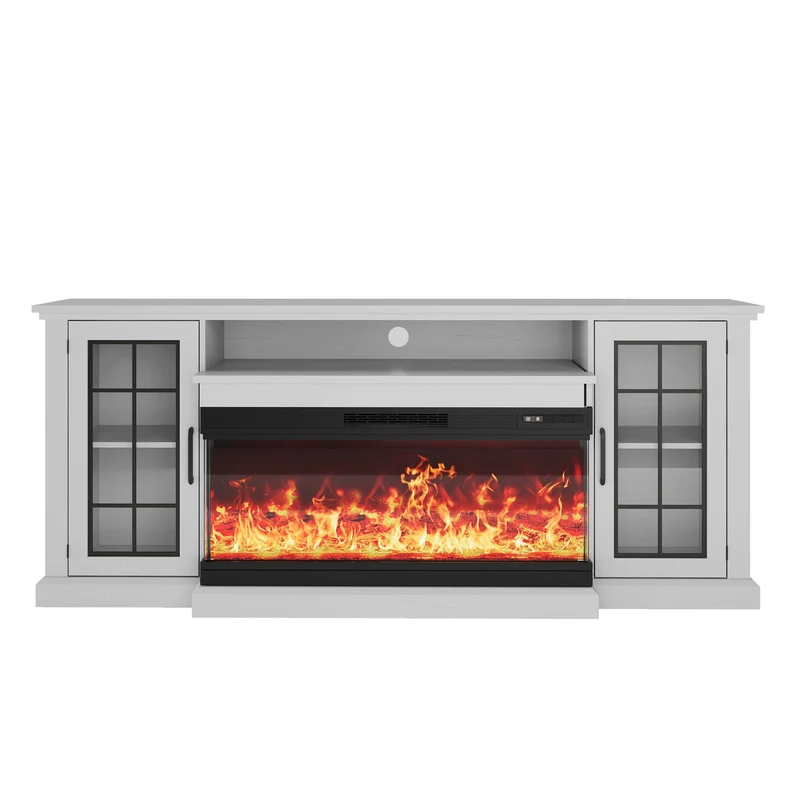 Garvee Meuble TV avec Cheminée Électrique 190,5 cm, Façade en Verre sur 3 Côtés, Flamme LED Réglable et Rangement, en Panneaux de Particules et MDF, Blanc