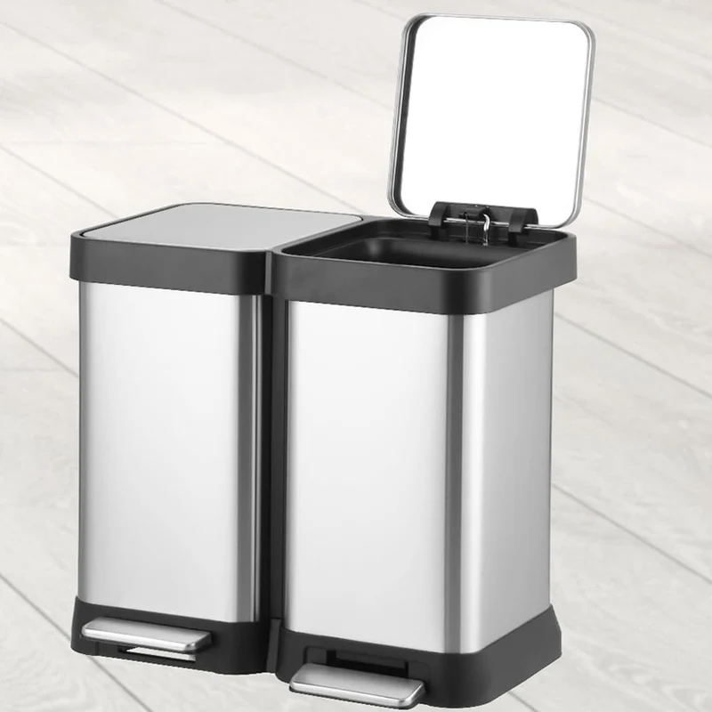 Poubelle double Garvee en acier inoxydable 2 x 20 L avec couvercle à fermeture douce à pédale, rectangulaire, argentée