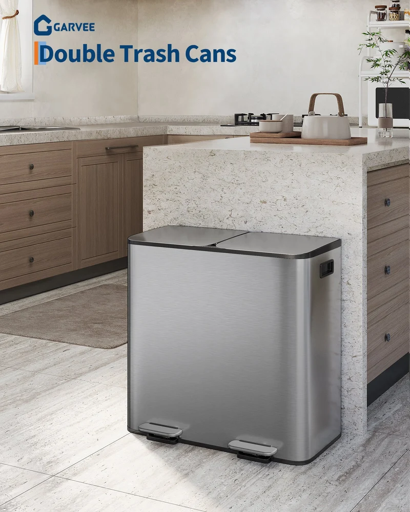 Garvee Poubelle double en acier inoxydable 2 x 40,1 L avec couvercle et pédale pour le recyclage de la cuisine, compacte, gris mat