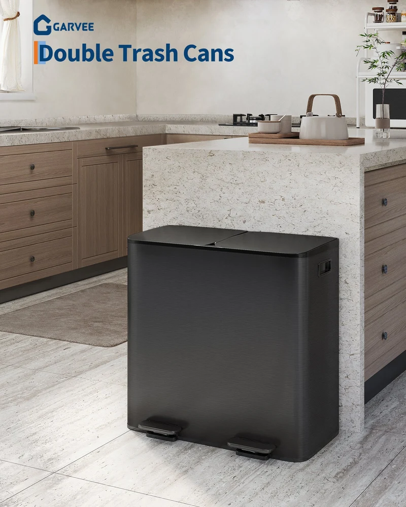 Garvee Poubelle double 2 x 40,1 L en acier inoxydable avec couvercle pour îlots de cuisine, finition noire mate, compacte et silencieuse