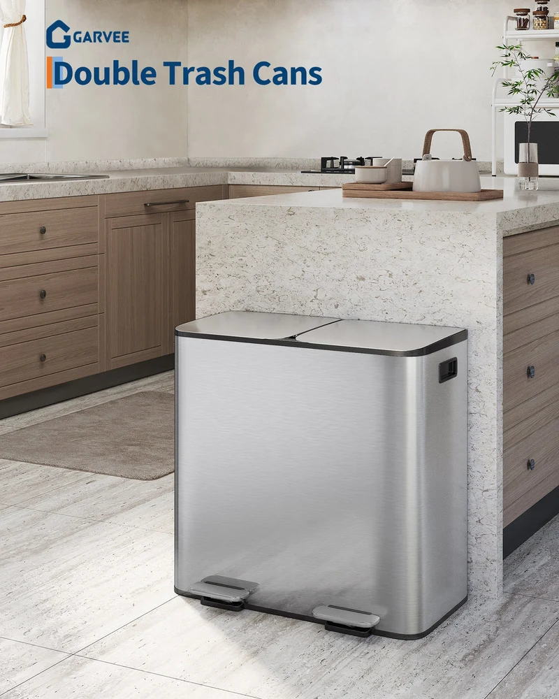 Garvee poubelle double en acier inoxydable, 2 × 40,1 L, couvercle et pédale, pour cuisine et bureau, 64,3 × 40,2 × 64 cm