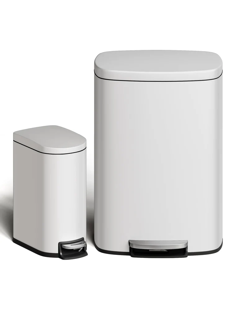Ensemble poubelle Garvee 13,2 + 2,6 gallons en acier inoxydable avec couvercle, mécanisme à pédale, métal, blanc, pour la cuisine et la salle de bain, compact