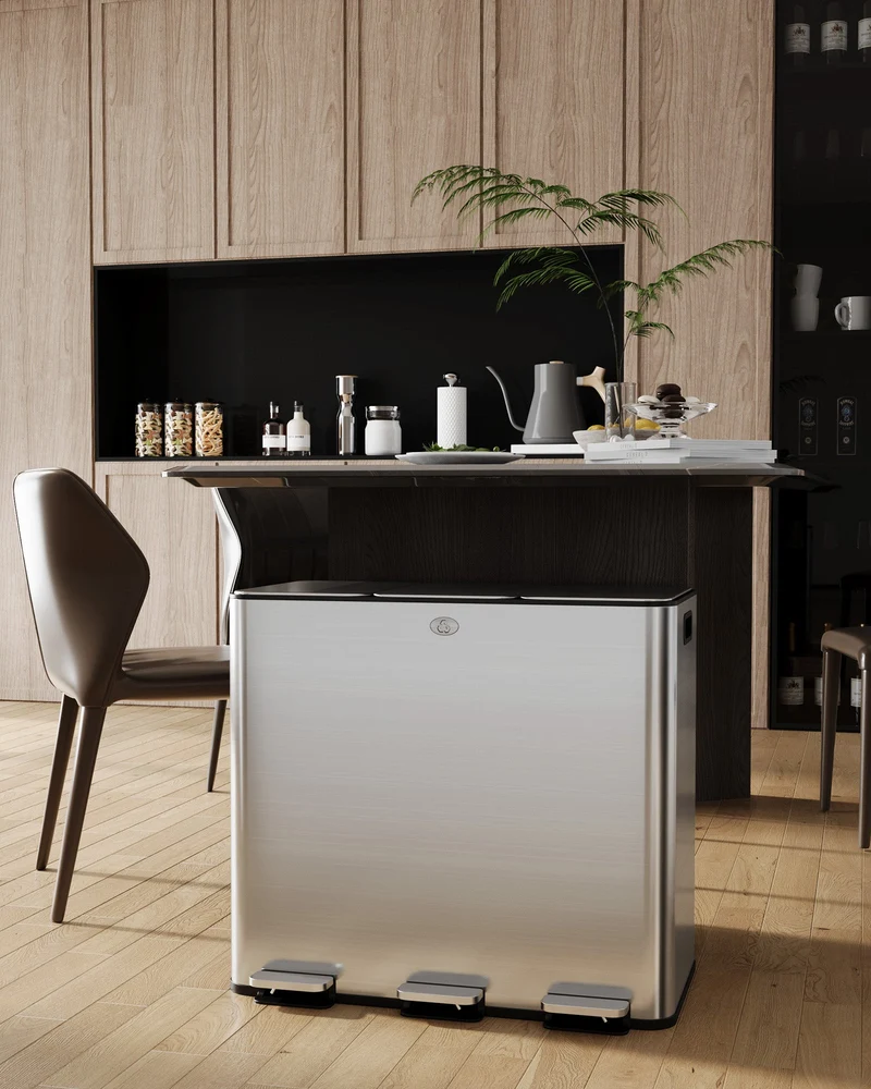 Garvee Poubelle Triple en Acier Inox 61 L avec Couvercles Séparés et Pédales, Bac de Tri Recyclage pour Cuisine et Salon