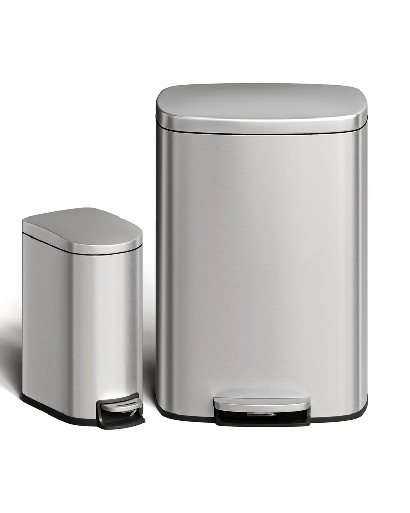 Ensemble de poubelles Garvee 13 gal et 2,6 gal en acier inoxydable avec couvercle à fermeture douce pour la cuisine et la salle de bain, argenté, poignée ergonomique