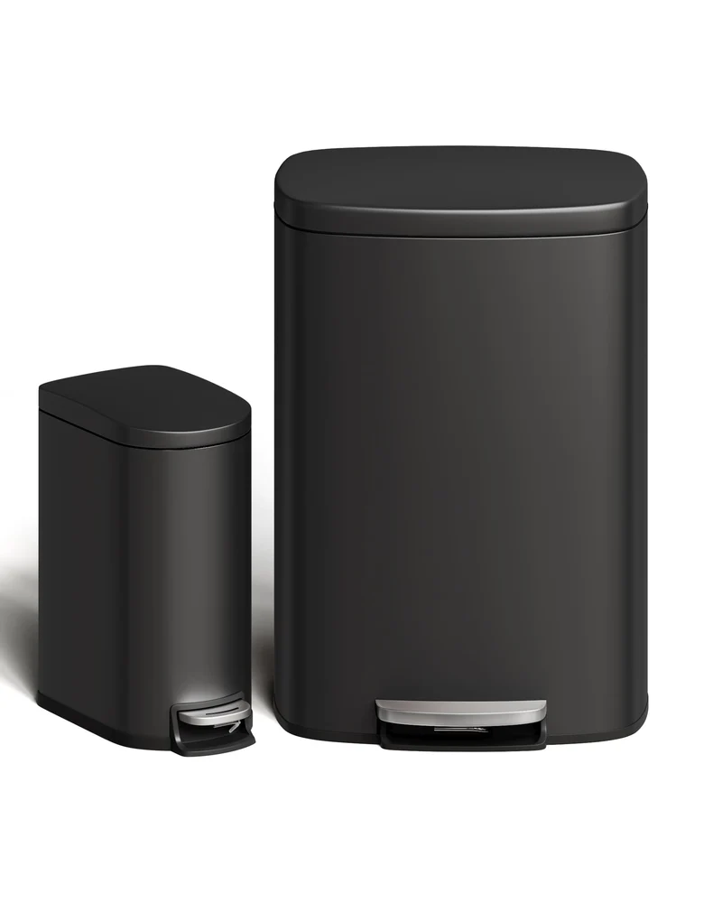 Ensemble de poubelles métalliques Garvee 13 gal et 2,6 gal, antirouille, à pédale, pour cuisine et salle de bain, noires, compactes