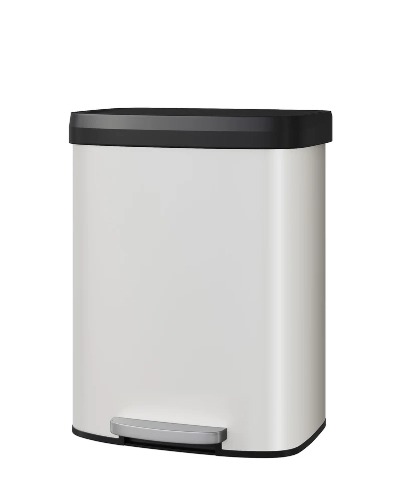 Poubelle métallique Garvee de 60 litres avec couvercle, antirouille, fermeture amortie, idéale pour la cuisine et le bureau, blanche, ergonomique, avec rebord intérieur.