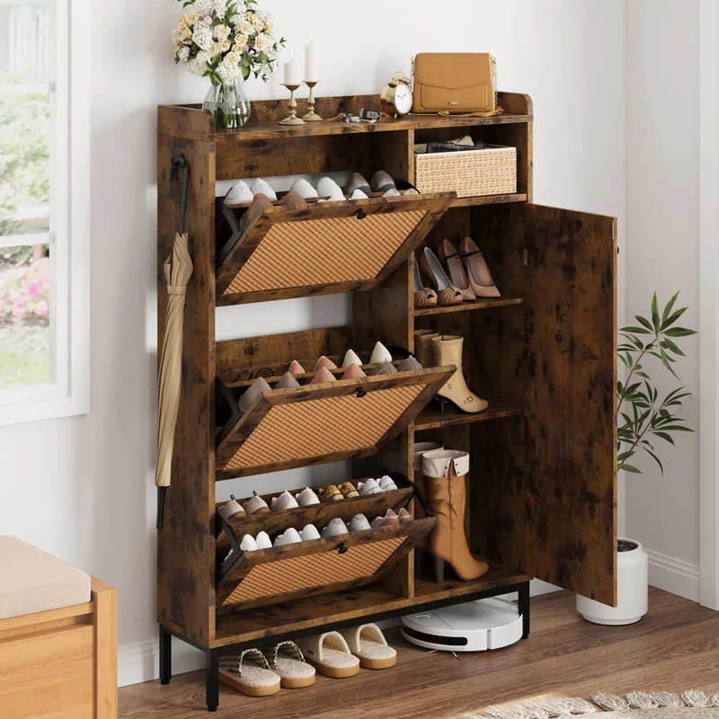 Garvee meuble à chaussures en rotin avec 3 abattants, 4 niveaux, étagères réglables, structure en MDF et métal, grand format, style vintage