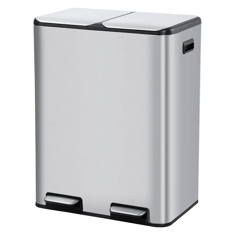Poubelle de cuisine Garvee 2 x 30 L, en acier inoxydable, avec système de tri des déchets, double compartiment, silencieuse, couleur argent, 60 L