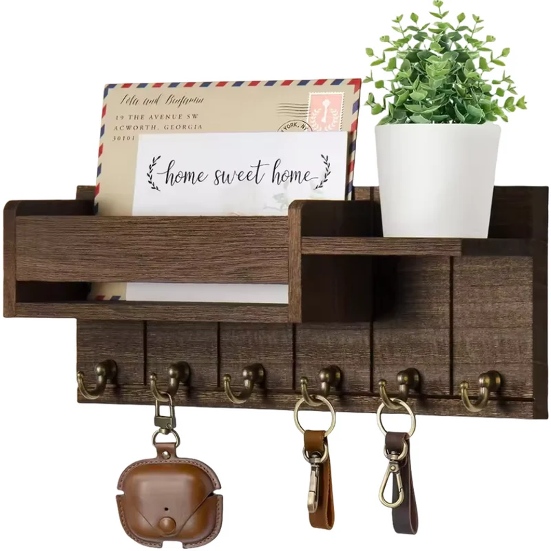 Étagère Murale en Bois Massif avec Crochets et Rangement