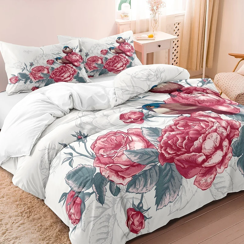 Linge de Lit Fleur Délicat avec Motifs d'Oiseaux