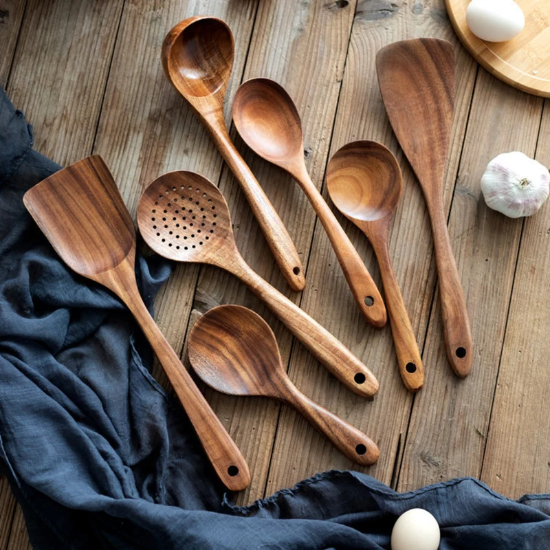 Ustensiles de Cuisine en Bois Teck Naturel