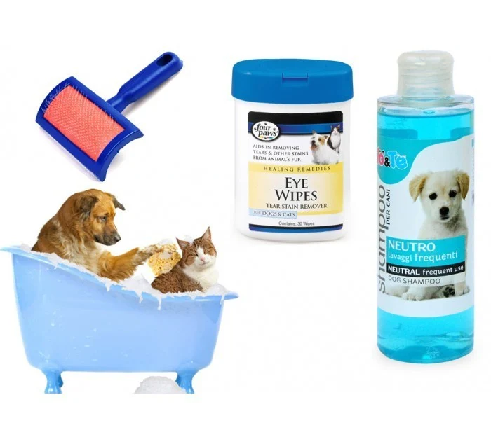 Kit de nettoyage complet pour chien – Shampooing + Lingettes + Brosse démêlante