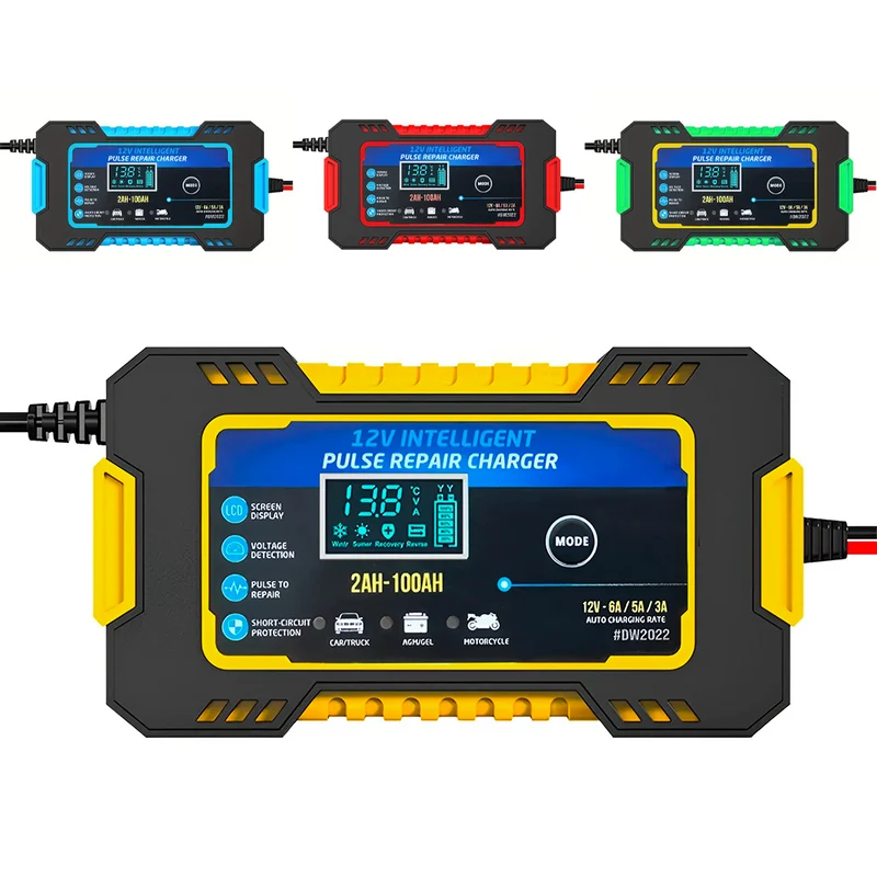 Chargeur Batterie Voiture et Moto Charge Intelligente 12V 6A Câbles et Écran LCD