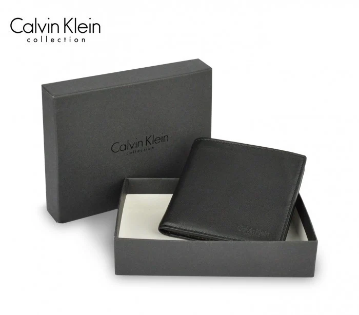 S09 Portefeuille noir Calvin Klein pour homme en vrai cuir avec porte-monnaie