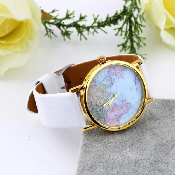 Montre Vintage quartz analogique design rétro - motif globe terrestre