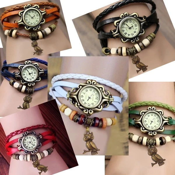 Montre analogique cuir motif Hibou - en différentes couleurs