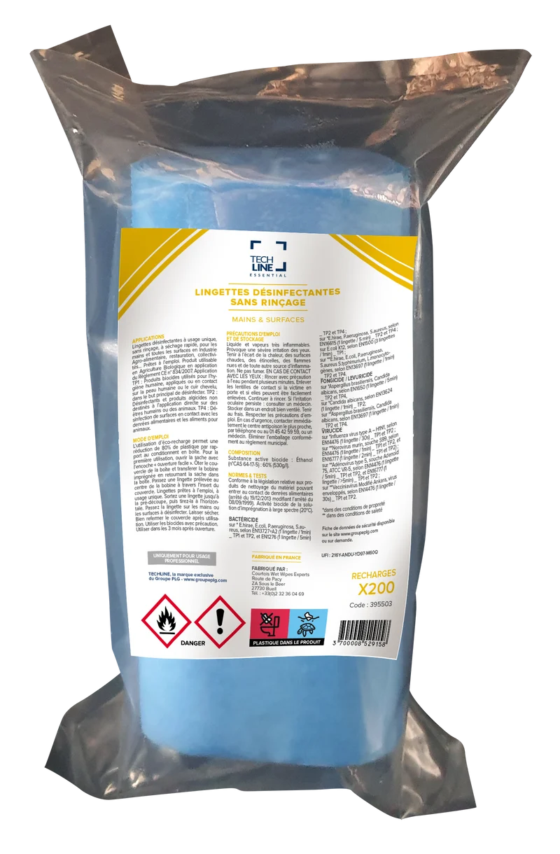 LINGETTES DESINFECTANTES SURFACES ALIMENTAIRES TECHLINE RECHARGE 9X200