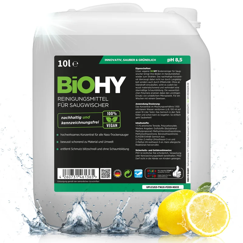 BiOHY détergent pour raclette aspirante 10 litres, aspirateur eau et poussière, entretien des sols, nettoyant brillant, B2B