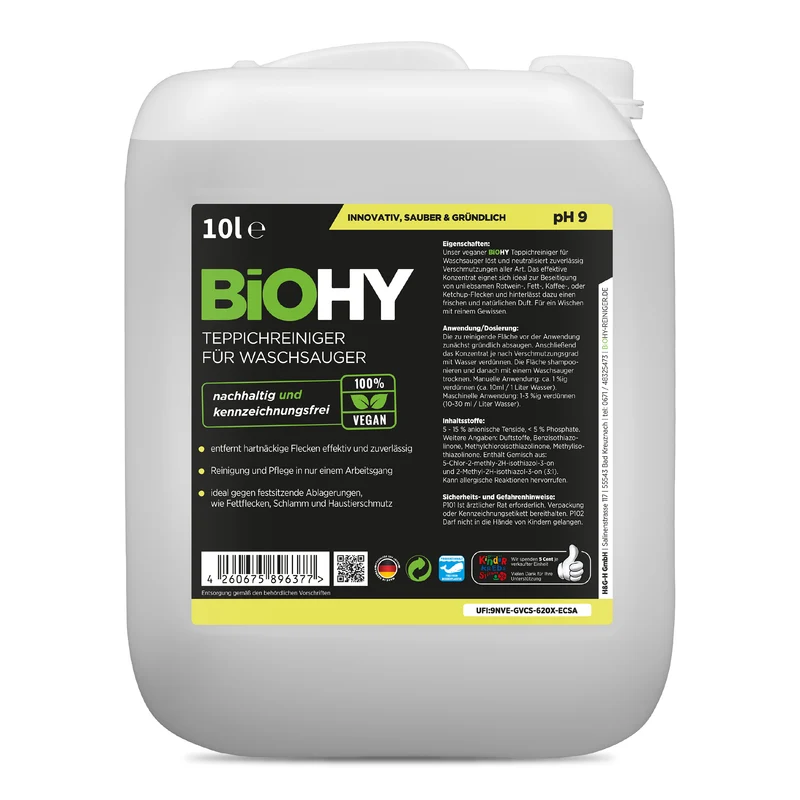 BiOHY Nettoyeur de tapis pour aspirateur-laveur, shampooing pour tapis, nettoyant pour textiles, nettoyant pour meubles rembourrés, B2B