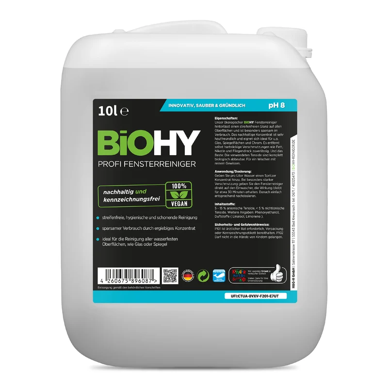 BiOHY Nettoyant professionnel pour vitres, nettoyant pour vitres, concentré, B2B
