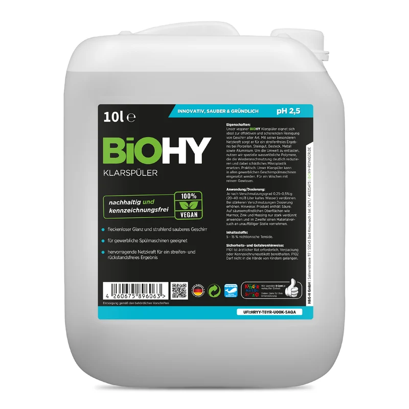 BiOHY produit de rinçage, nettoyant brillant, nettoyant pour lave-vaisselle, nettoyant pour couverts, B2B