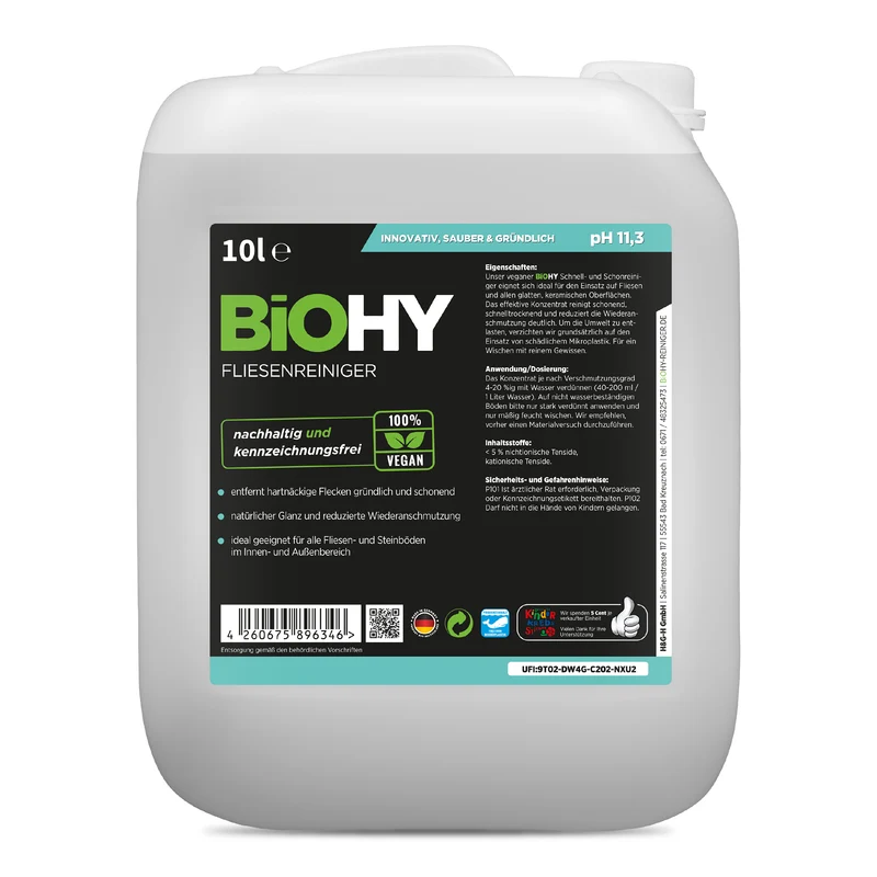 BiOHY nettoyant pour carrelages 10 litres, nettoyant pour sols carrelés, nettoyant pour pierres fines, nettoyant pour sols, B2B