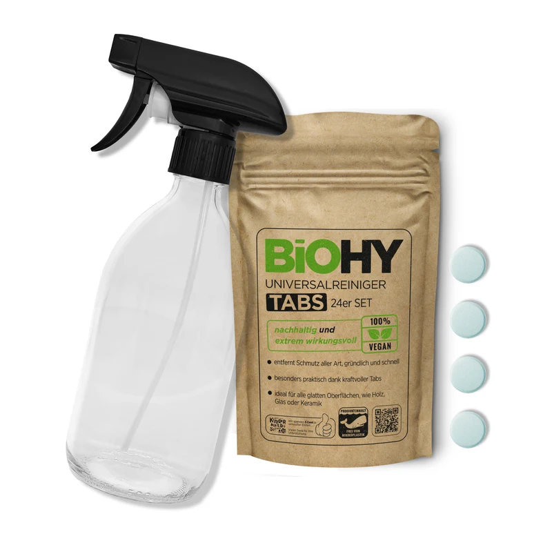 BiOHY Set de bouteilles en verre avec des pastilles de nettoyant universel, produits de nettoyage, pastilles de nettoyage, pastilles de nettoyant multi-usages