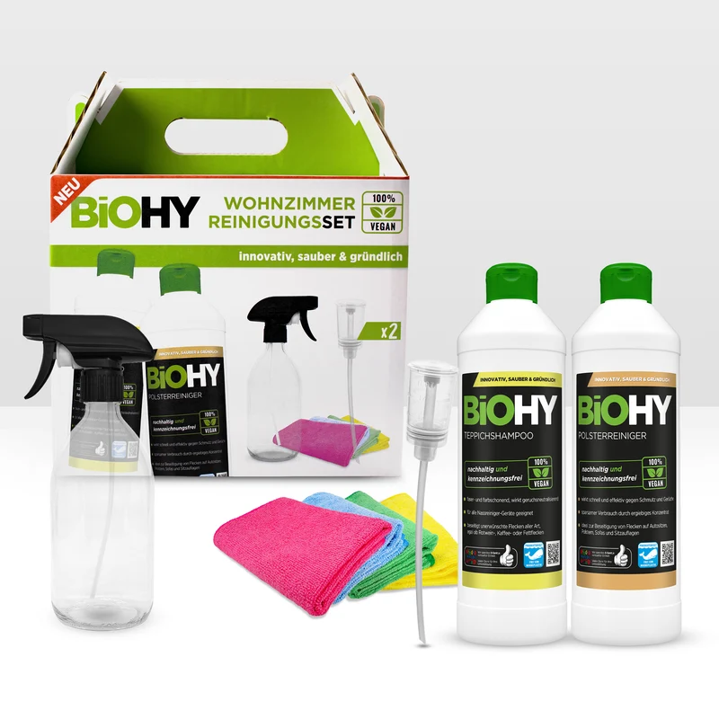 BiOHY Kit de nettoyage pour salon, nettoyant pour meubles rembourrés, shampooing pour tapis, vaporisateur en verre, 2x doseurs, 4x chiffons en microfibres