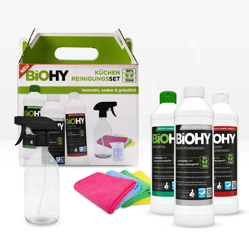 BiOHY Kit de nettoyage pour la cuisine, liquide vaisselle, nettoyant pour four, nettoyant pour plaque de cuisson vitrocéramique, vaporisateur en verre, gobelet gradué, 4x chiffons en microfibres